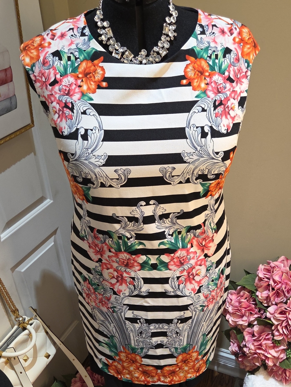 Nwot 16 Voir Voir Black & White Striped Midi Dress with Orange and Pink Floral - Picture 14 of 17
